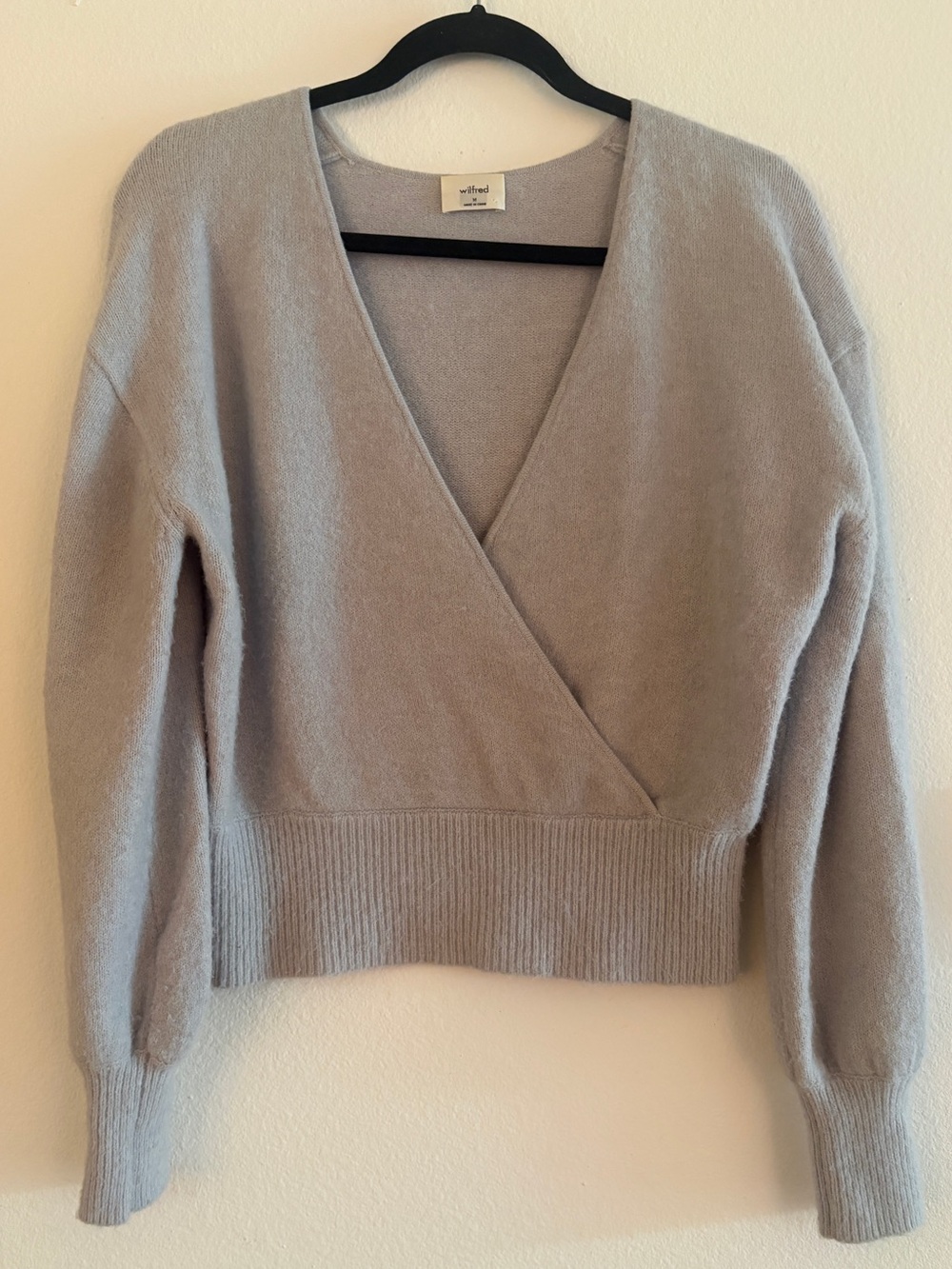 Aritzia Wilfred Pale Gray Wrap V-Neck Sweater cashmere blend